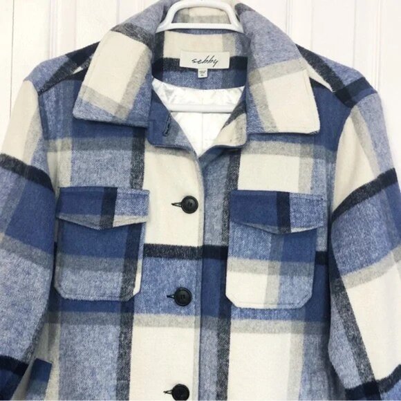 Sebby Blue Plaid Print Wool Blend Button Up Shacket Coat | Size M | EUC - Picture 4 of 12